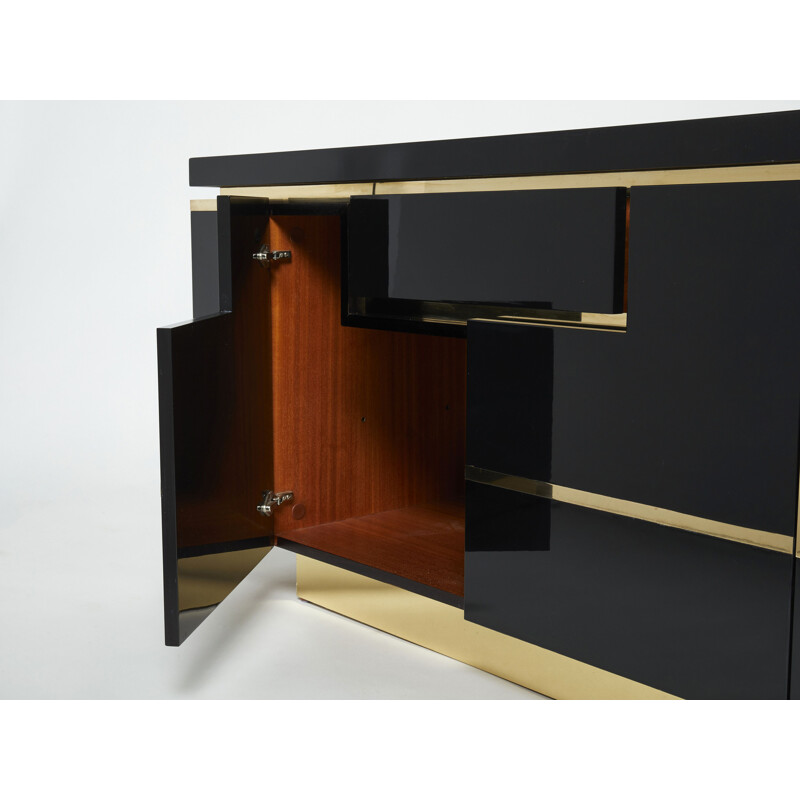 Vintage black lacquer and brass sideboard by Jean Claude Mahey for Roche Bobois, 1970