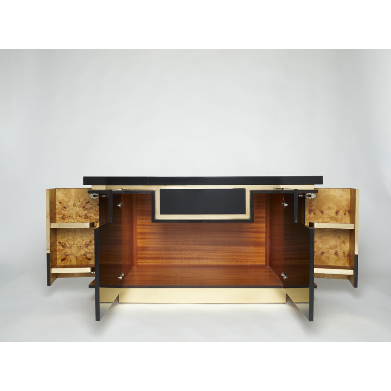 Vintage black lacquer and brass sideboard by Jean Claude Mahey for Roche Bobois, 1970