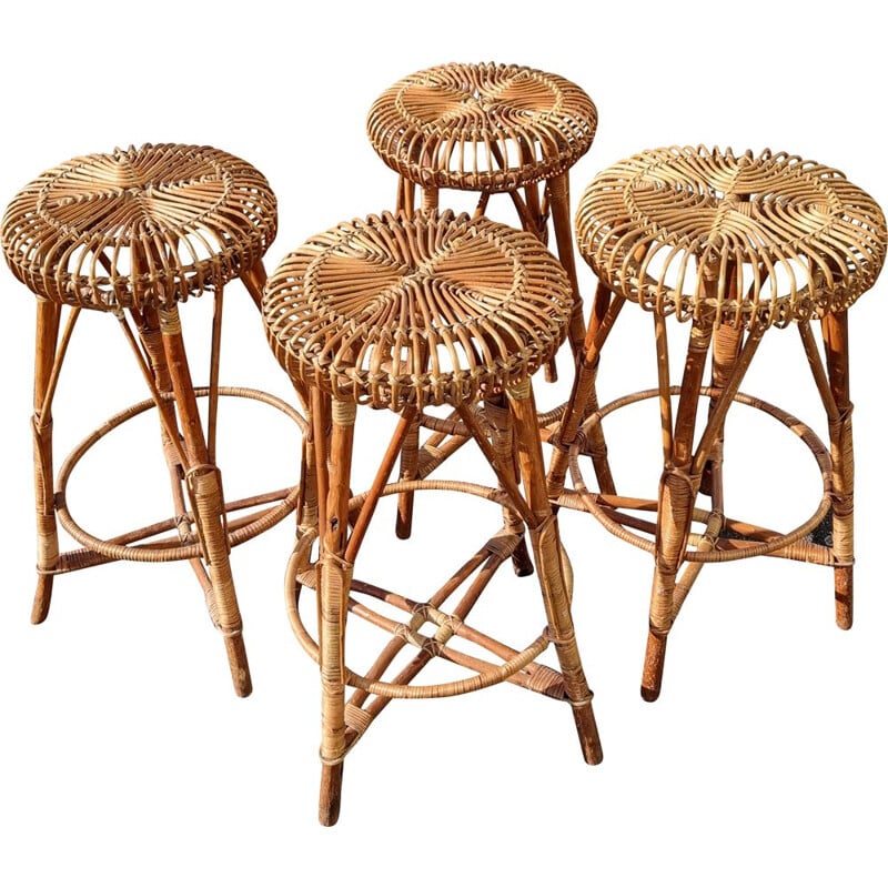 Set of 4 vintage wood and rattan bar stools by Franco Albini, 1950