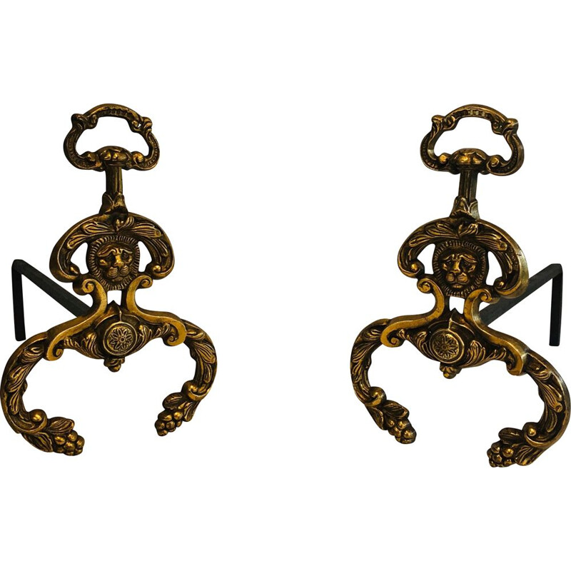 Pair of vintage bronze and wrought iron andirons, 1940