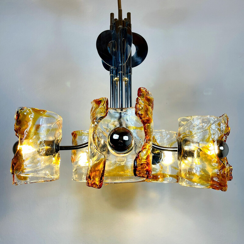 Mazzega" vintage chandelier in amber murano chrome by Toni Zuccheri, Italy 1970