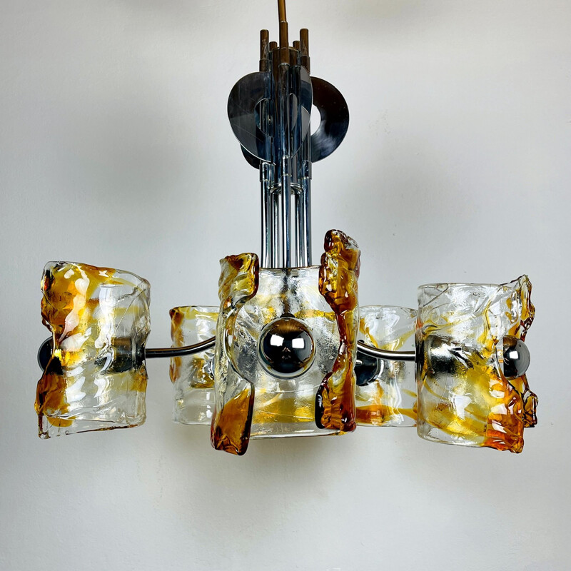 Mazzega" vintage chandelier in amber murano chrome by Toni Zuccheri, Italy 1970