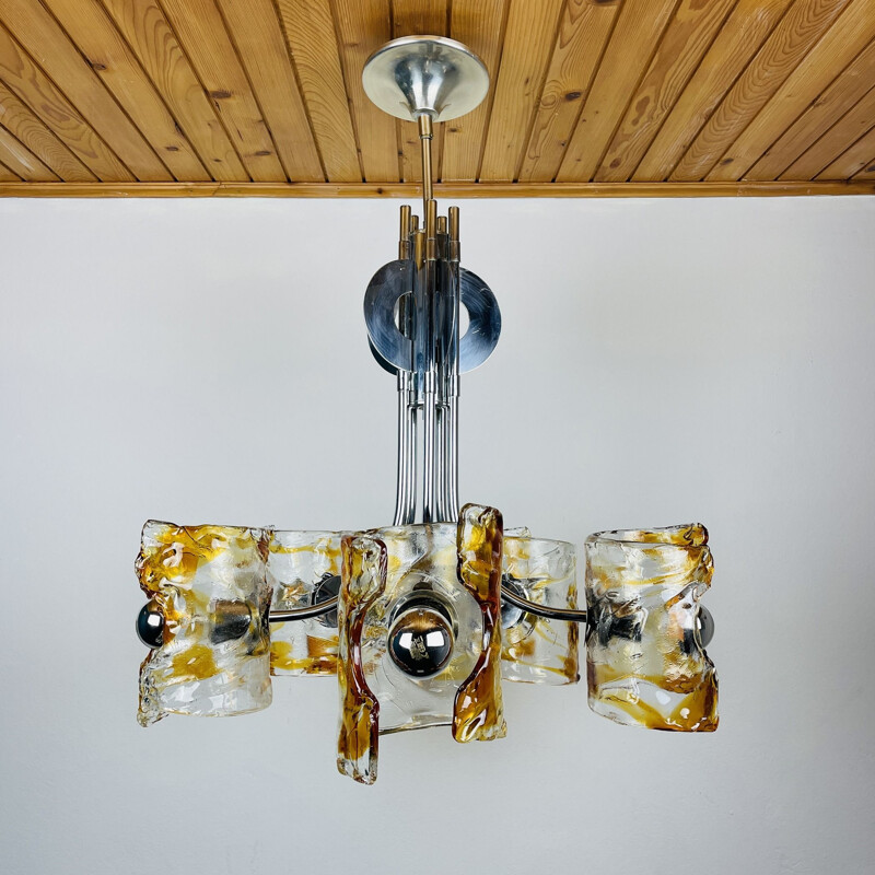 Mazzega" vintage chandelier in amber murano chrome by Toni Zuccheri, Italy 1970