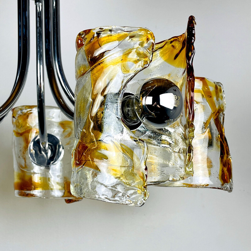 Lustre vintage "Mazzega" en chrome de murano ambré par Toni Zuccheri, Italie 1970