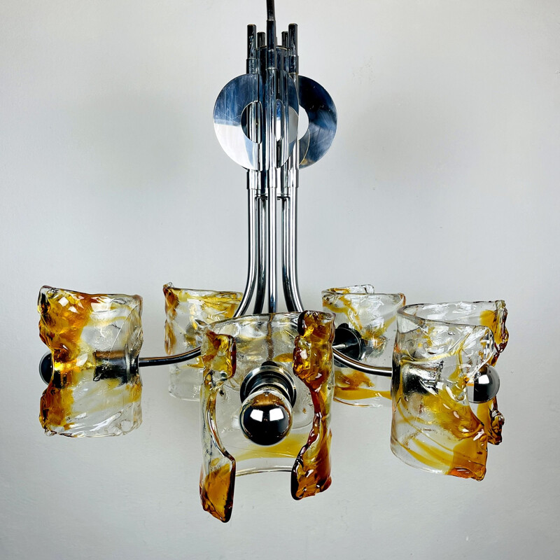 Mazzega" vintage chandelier in amber murano chrome by Toni Zuccheri, Italy 1970