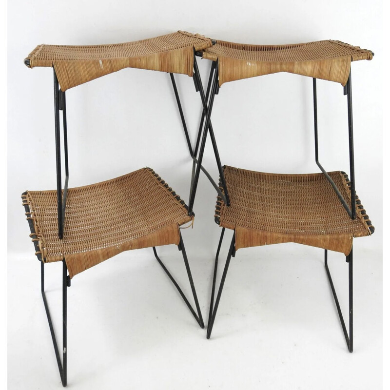 Ensemble de 4 tabourets vintage en métal et rotin par Raoul Guys pour Airborne, 1950