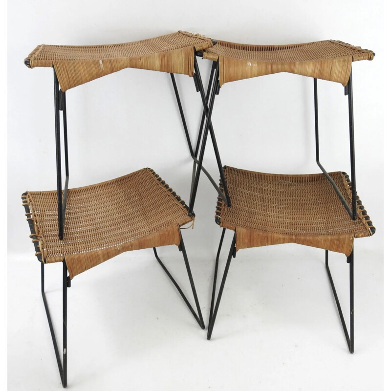 Set of 4 vintage metal and rattan stools by Raoul Guys for Airborne, 1950