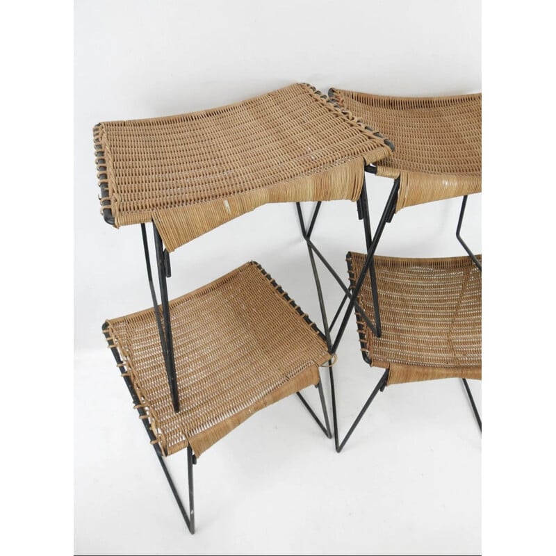 Ensemble de 4 tabourets vintage en métal et rotin par Raoul Guys pour Airborne, 1950