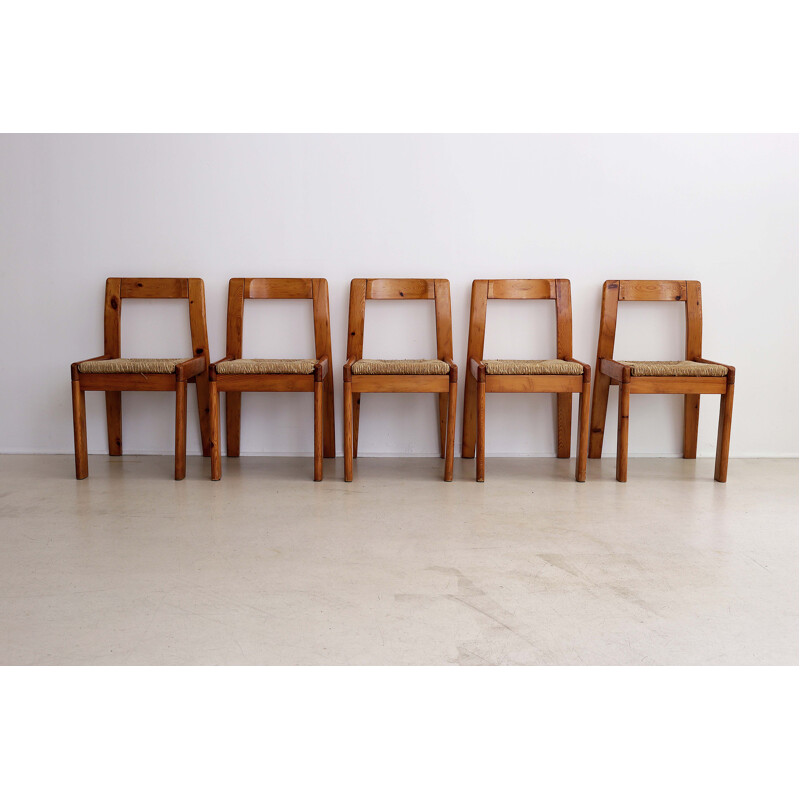 Set of 5 vintage pine and straw chairs, 1970