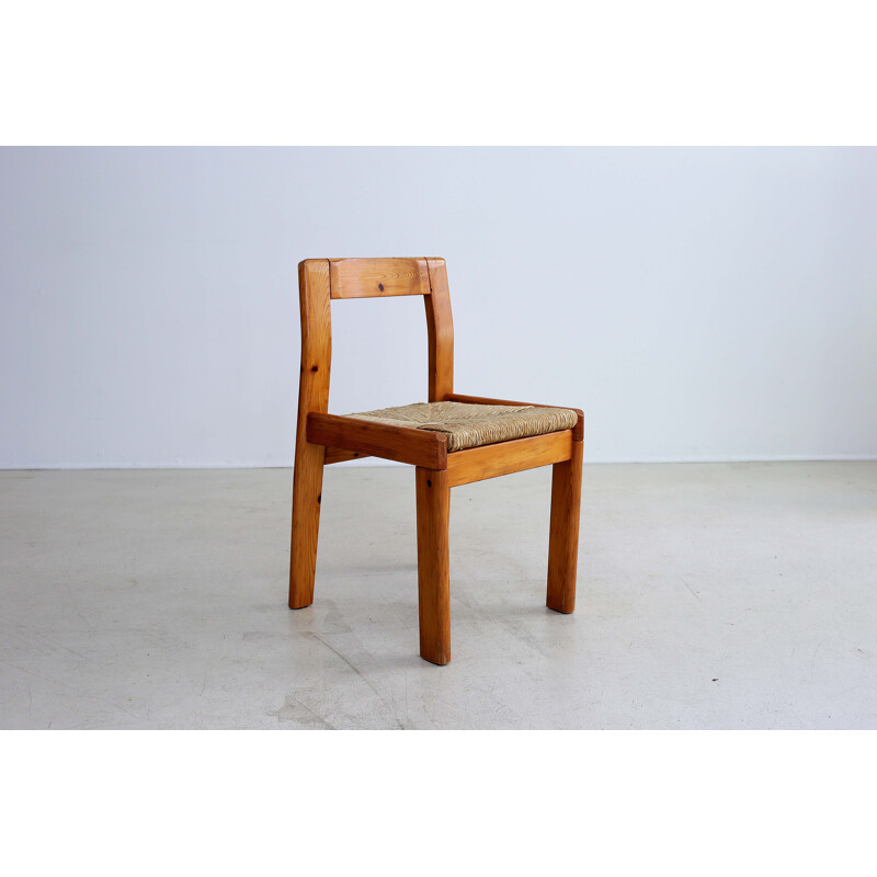 Set of 5 vintage pine and straw chairs, 1970