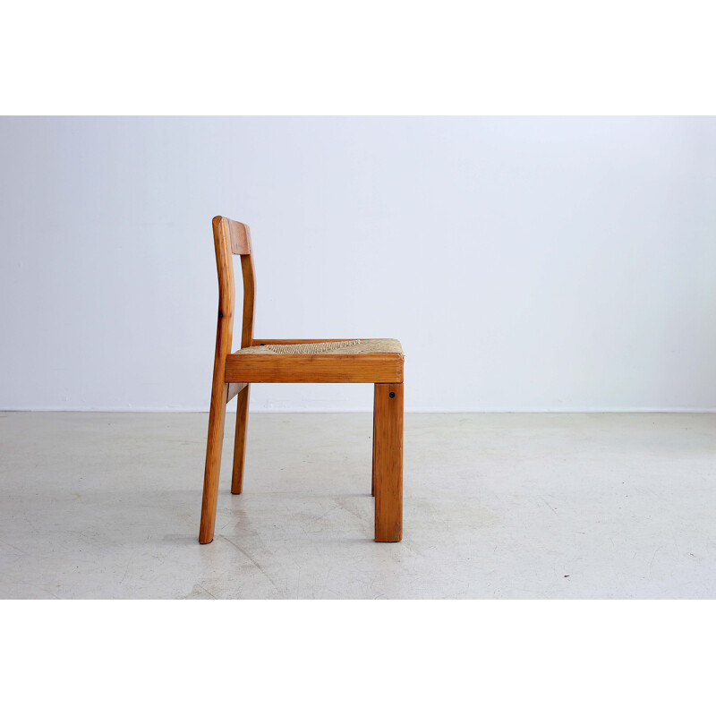 Set of 5 vintage pine and straw chairs, 1970