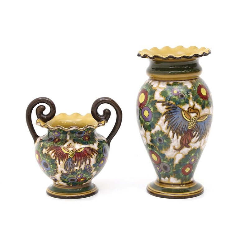 Pair of vintage art deco ceramic vases by Bartolomeo Rossi for Savonesi,1930
