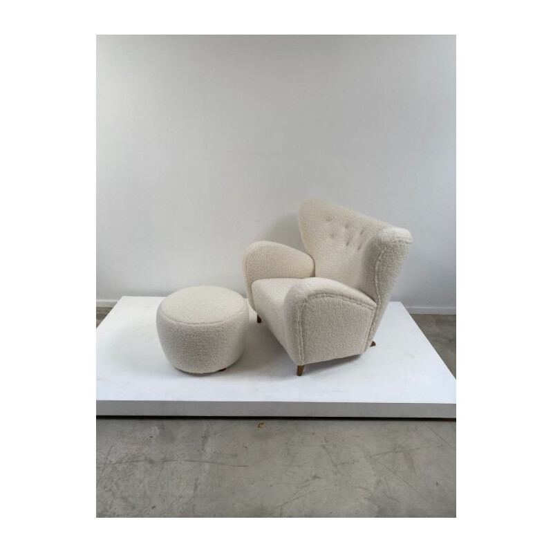 Witte vintage Deense fauteuil met voetsteun 1970