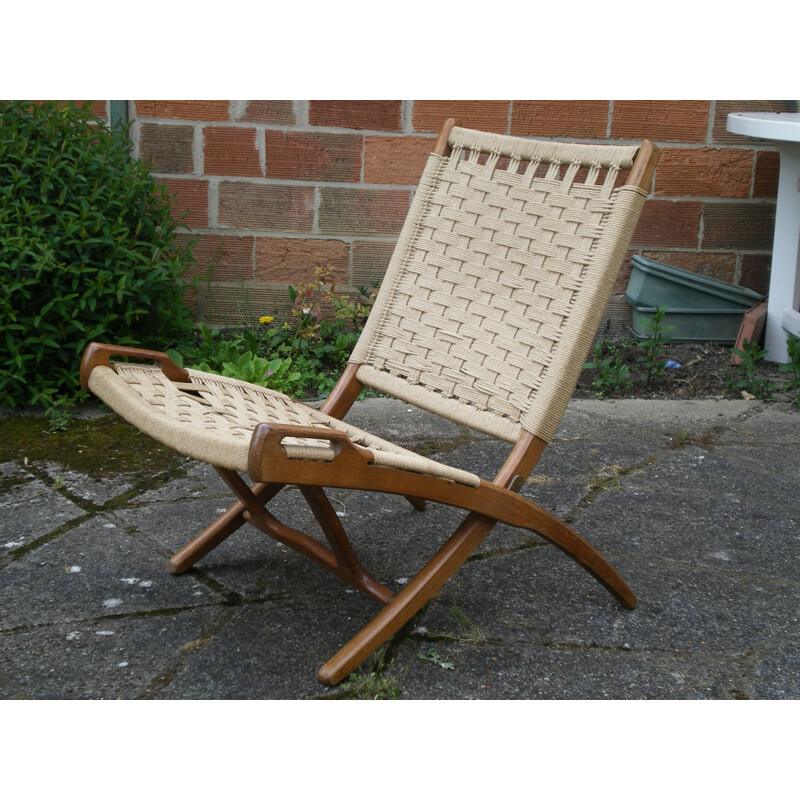 Folding low chair in wood and rope - 1950s