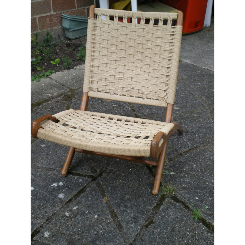 Folding low chair in wood and rope - 1950s