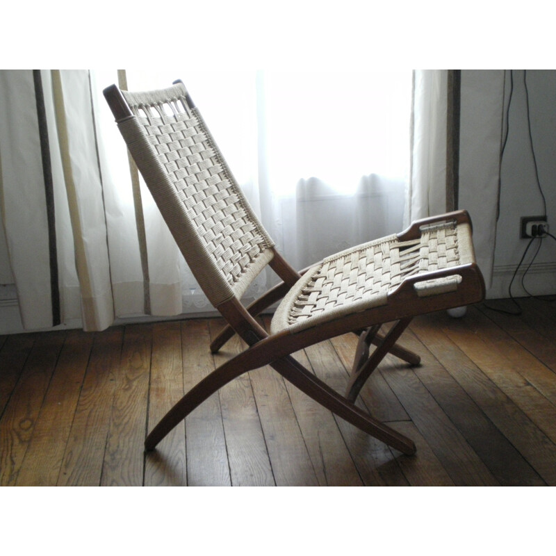 Folding low chair in wood and rope - 1950s