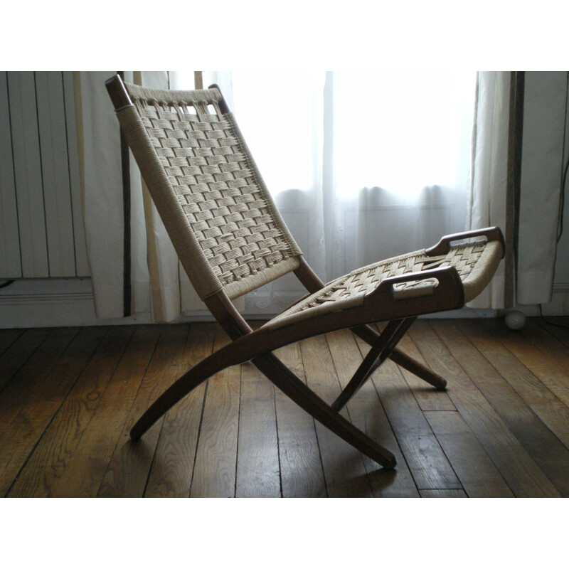 Folding low chair in wood and rope - 1950s