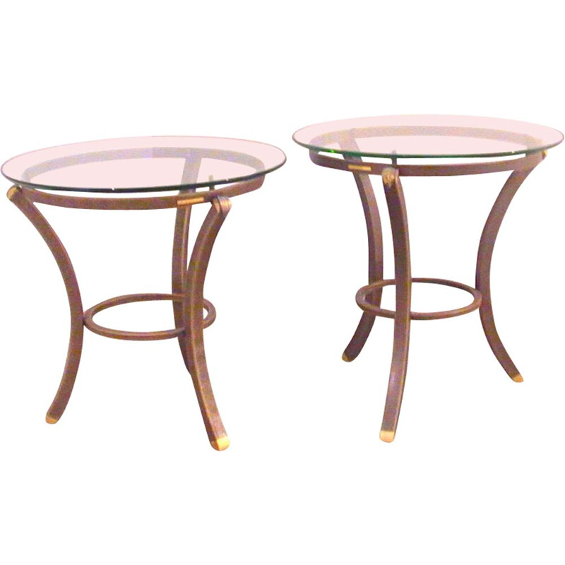 Pair of vintage pedestals made of metal brass and beveled glass top by Pierre Vandel, 1970s