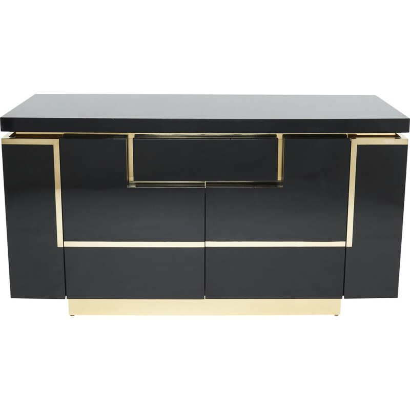 Vintage black lacquer and brass sideboard by Jean Claude Mahey for Roche Bobois, 1970