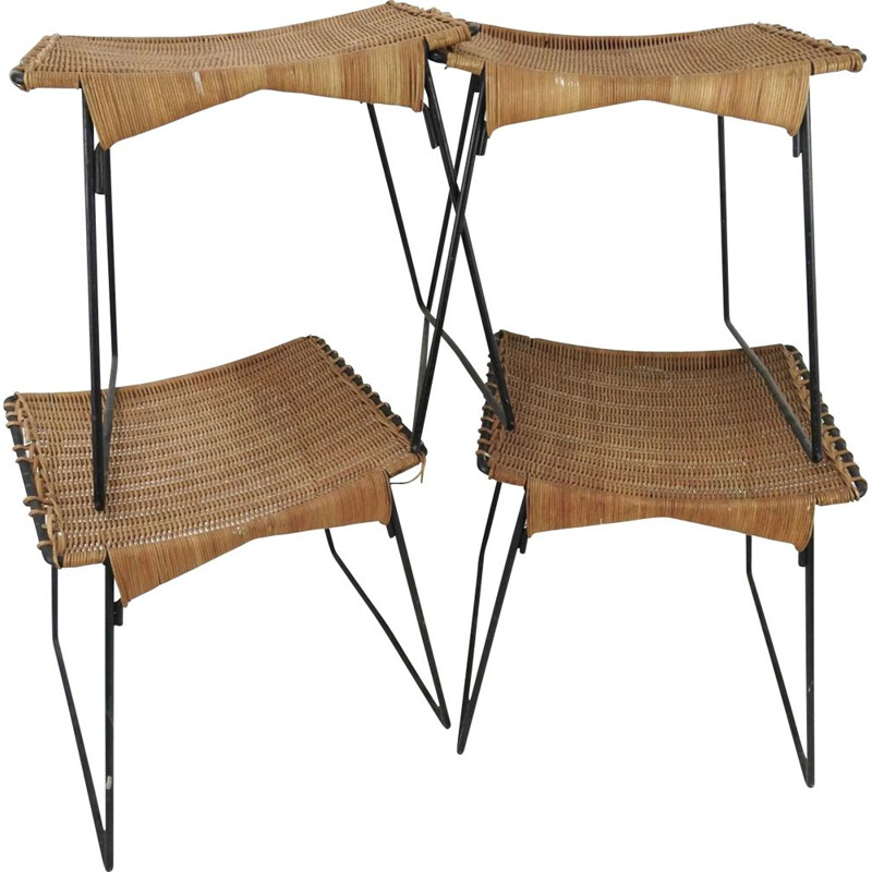 Satz von 4 Vintage-Hockern aus Metall und Rattan von Raoul Guys für Airborne, 1950