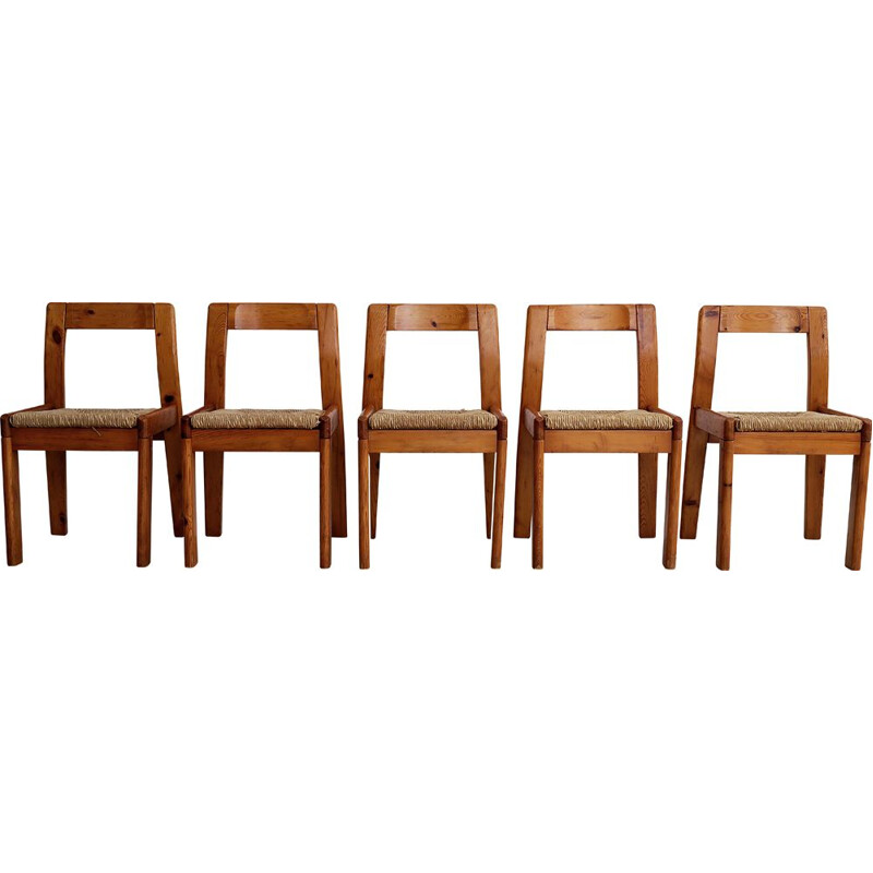 Set of 5 vintage pine and straw chairs, 1970