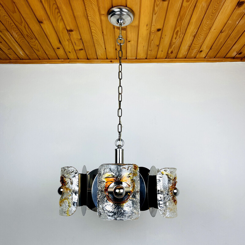 Mid-century amber Murano chrome chandelier Mazzega by Toni Zuccheri, Italy 1970s