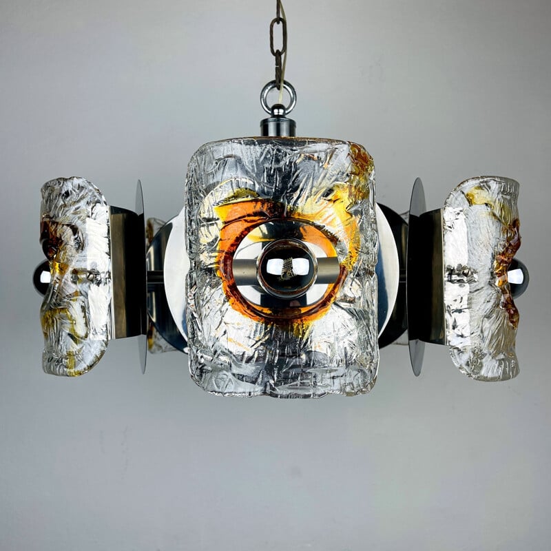 Lustre vintage Mazzega en Murano chromé ambré par Toni Zuccheri, Italie 1970