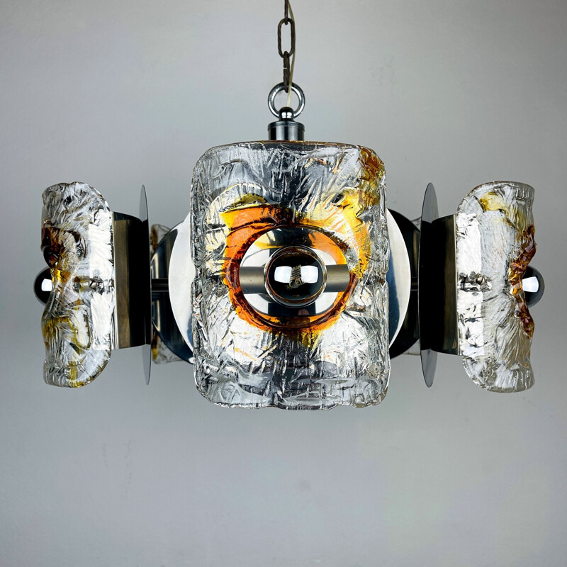 Mid-century amber Murano chrome chandelier Mazzega by Toni Zuccheri, Italy 1970s