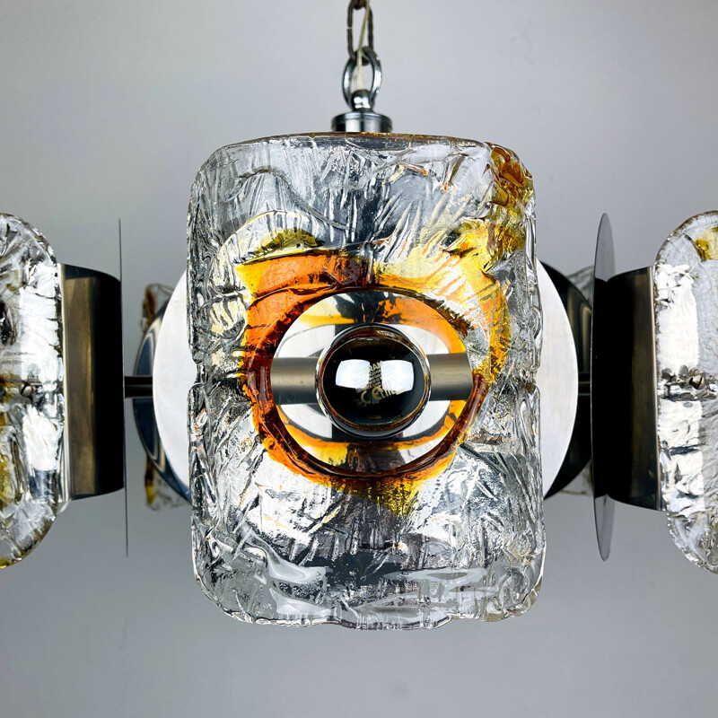 Mid-century amber Murano chrome chandelier Mazzega by Toni Zuccheri, Italy 1970s