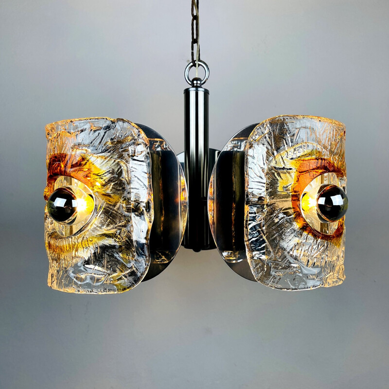 Mid-century amber Murano chrome chandelier Mazzega by Toni Zuccheri, Italy 1970s