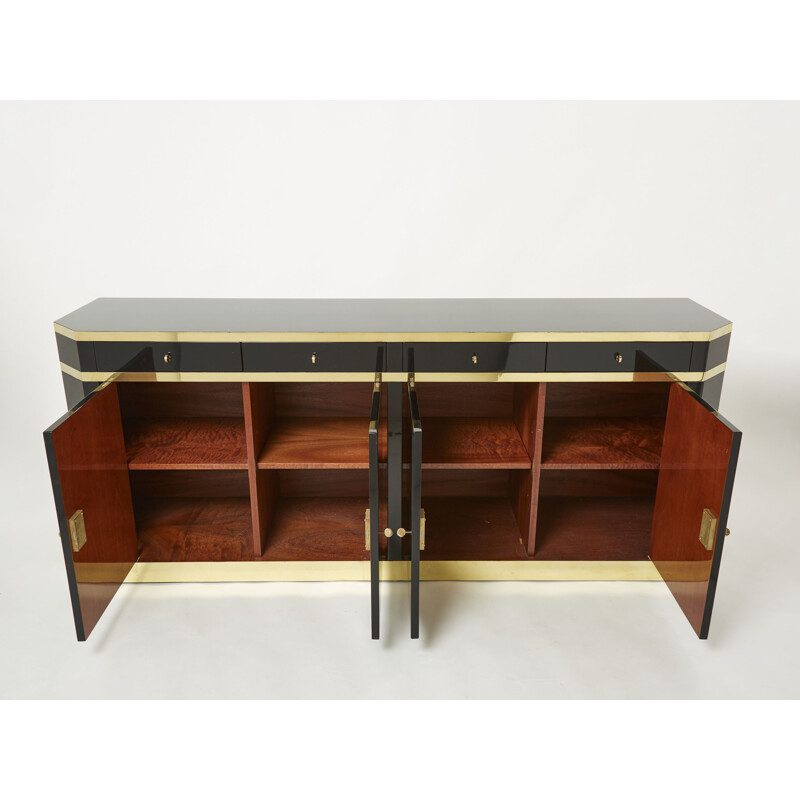 Vintage dressoir in zwarte lak en messing van J.C. Mahey voor Maison Romeo, 1970