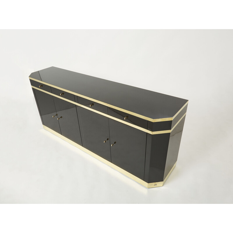 Black lacquer and brass vintage sideboard by J.C. Mahey for Maison Romeo, 1970