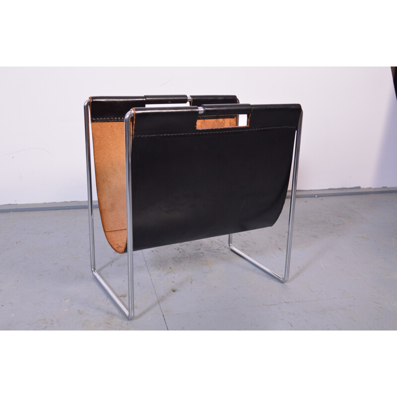 Brabantia magazine rack in leather and steel - 1950s