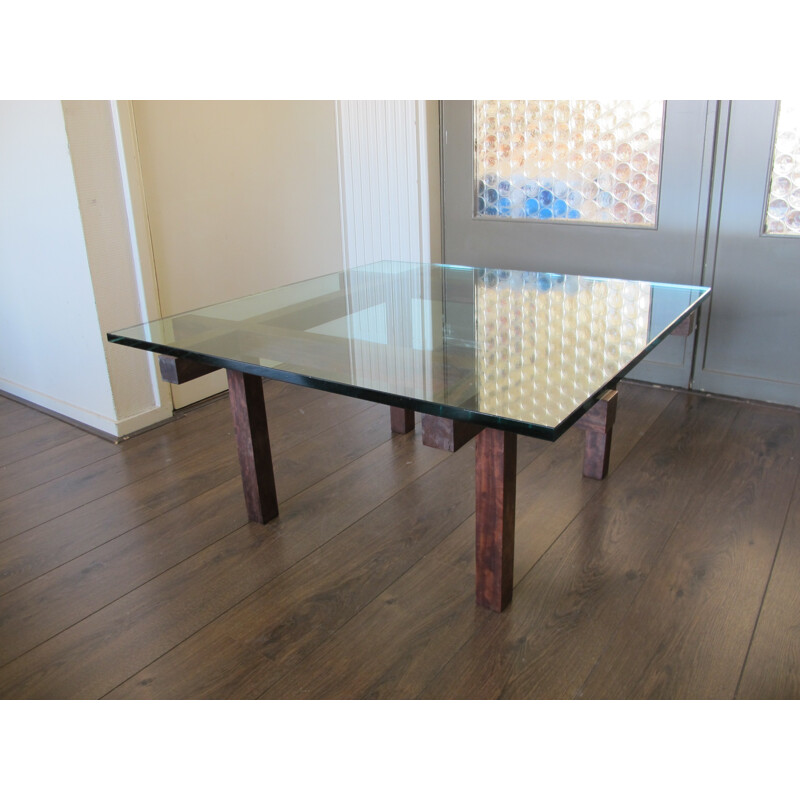 Belgian Belform coffee table in mahogany and glass, Alfred HENDRICKX - 1950s