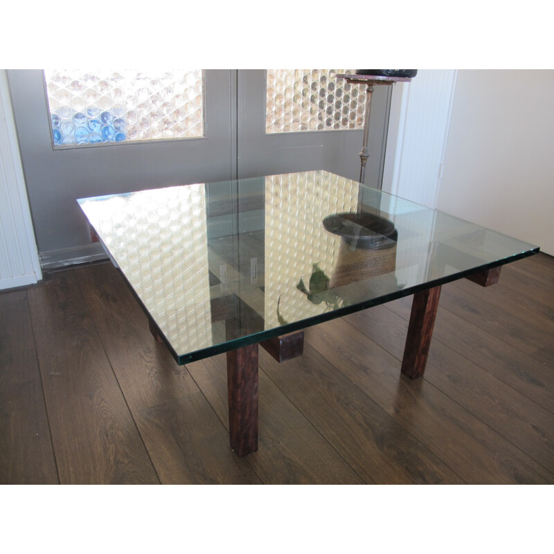 Belgian Belform coffee table in mahogany and glass, Alfred HENDRICKX - 1950s