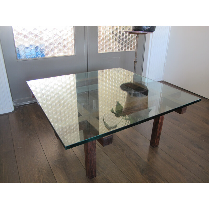 Belgian Belform coffee table in mahogany and glass, Alfred HENDRICKX - 1950s