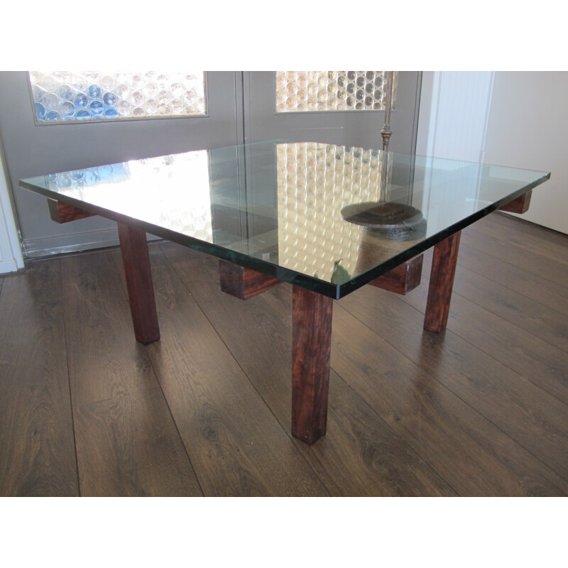 Belgian Belform coffee table in mahogany and glass, Alfred HENDRICKX - 1950s