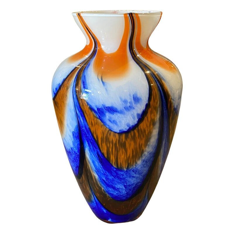 Vintage oranje en blauwe Murano glasvaas van Carlo Moretti, 1970