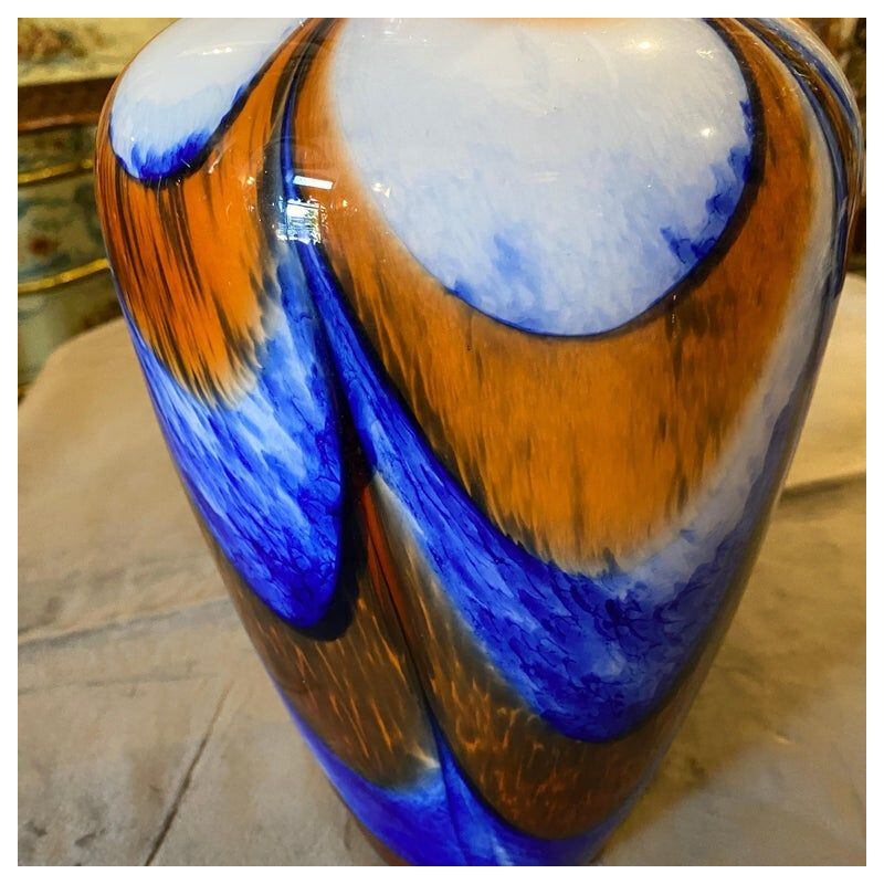 Vaso vintage in vetro di Murano arancione e blu di Carlo Moretti, 1970
