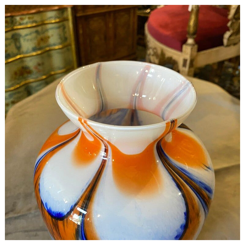 Jarrón vintage de cristal de Murano naranja y azul de Carlo Moretti, 1970