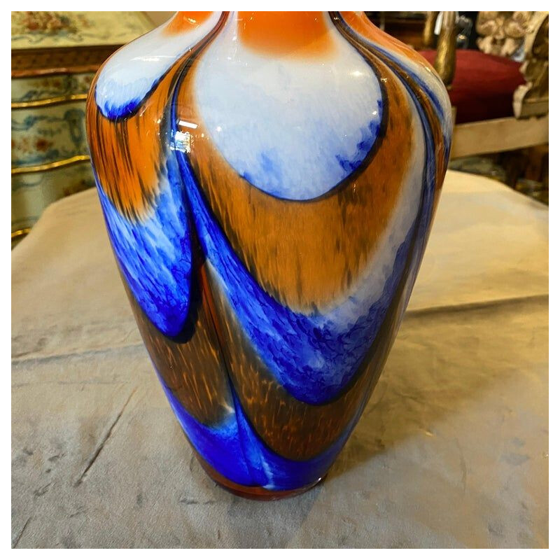 Vase vintage en verre de Murano orange et bleu par Carlo Moretti, 1970