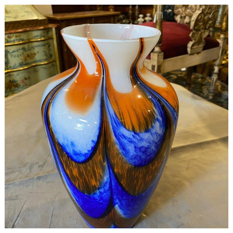 Mid-century orange and blue Murano glass vase by Carlo Moretti, 1970s