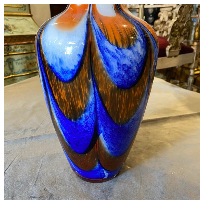 Jarrón vintage de cristal de Murano naranja y azul de Carlo Moretti, 1970
