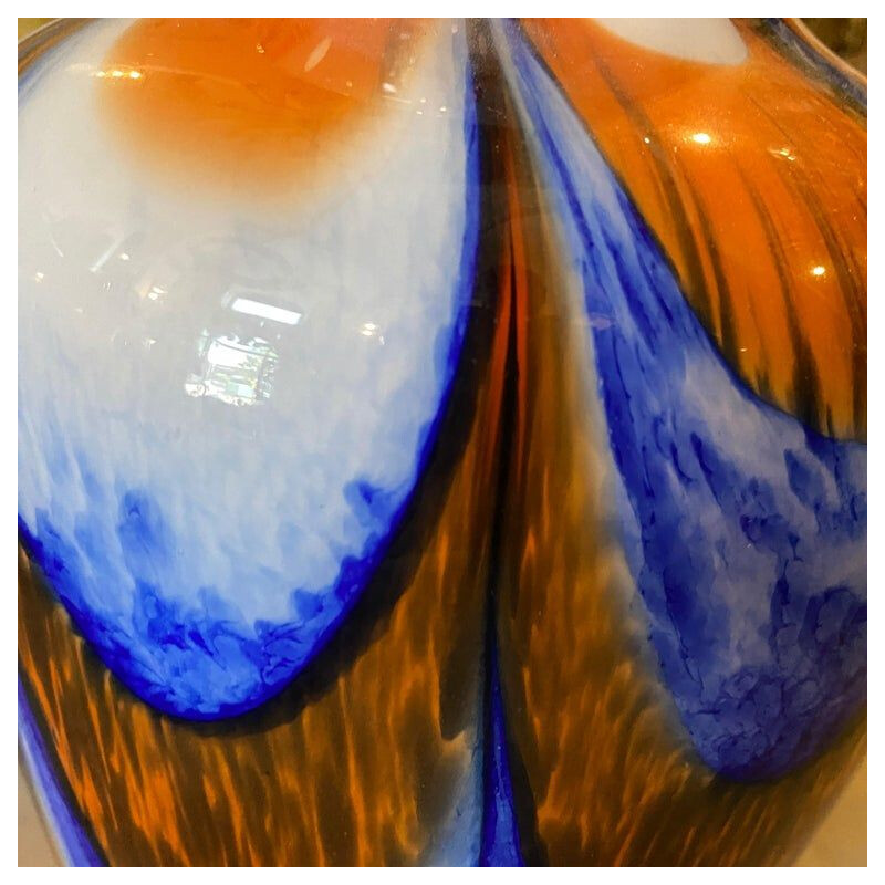 Vase vintage en verre de Murano orange et bleu par Carlo Moretti, 1970