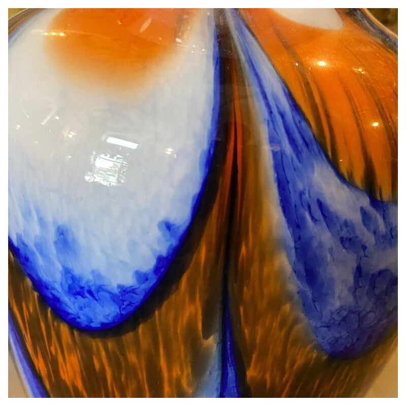 Vintage vaso de vidro laranja e azul Murano de Carlo Moretti, 1970
