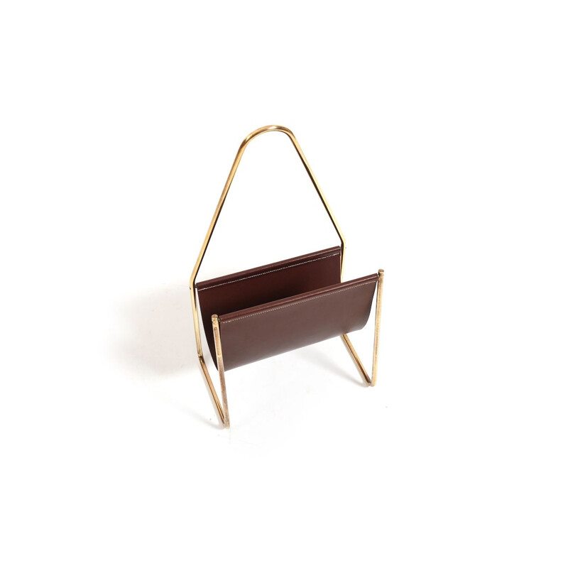 Vintage brass and leather magazine rack by Carl Aubock for Illums Bolighus, Denmark 1950