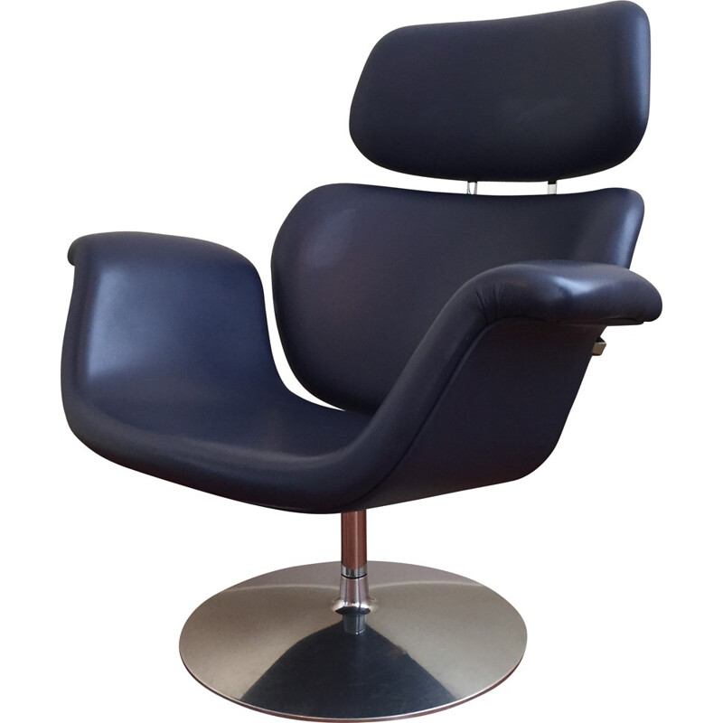 Artifort "Big Tulip" armchair in dark blue leather and steel, Pierre PAULIN - 1980s