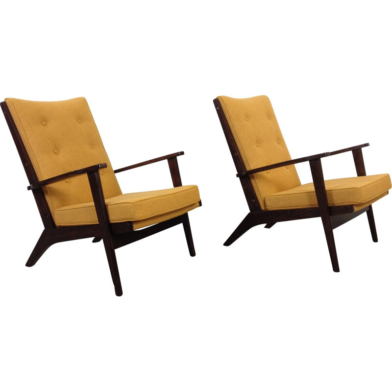 Pair of French Parker-Knoll armchairs in mustard yellow fabric - 1950s