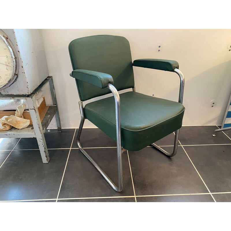 Roneo industrial office chair in green leatherette, 1950