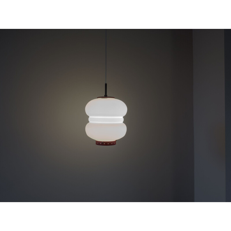 Vintage opaline glass with red accent pendant lamp by Bent Karlby